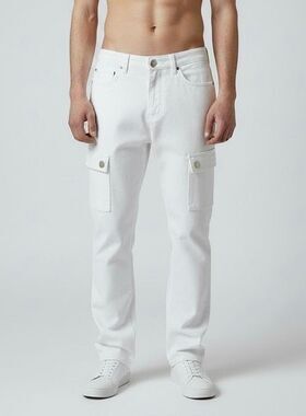 Street Jeans Mens Slim Fit White Denim Stretch Cargo Pocket Jeans size 34x32